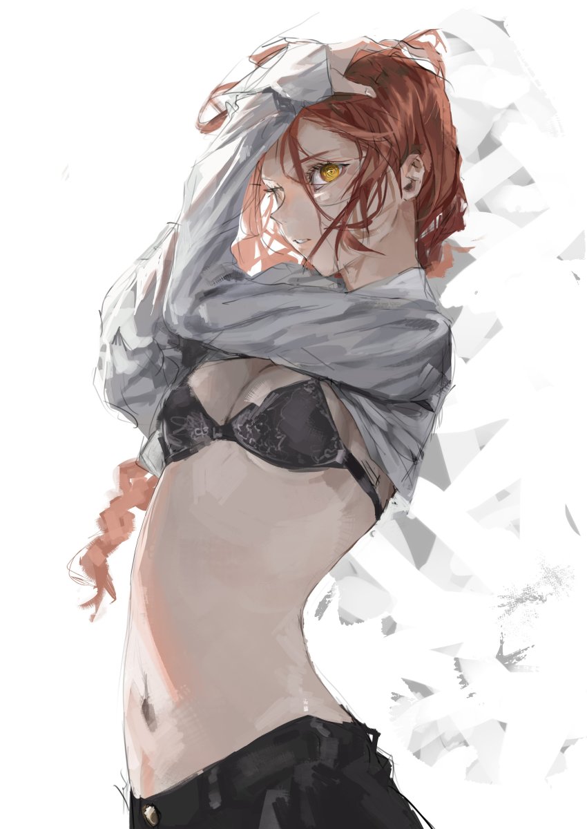 1girl, absurdres, arched_back, black_bra, black_pants, bra, braid, breasts, chainsaw_man, clothes_lift, collared_shirt, hair_between_eyes, hair_over_shoulder, hand_in_own_hair, highres, long_sleeves, looking_at_viewer, makima_(chainsaw_man), medium_breasts, messy_hair, midriff, navel, nenem_(kimnenemmm_art), orange_eyes, pants, parted_lips, red_hair, ringed_eyes, shirt, shirt_lift, single_braid, solo, underwear, upper_body, white_background, white_shirt