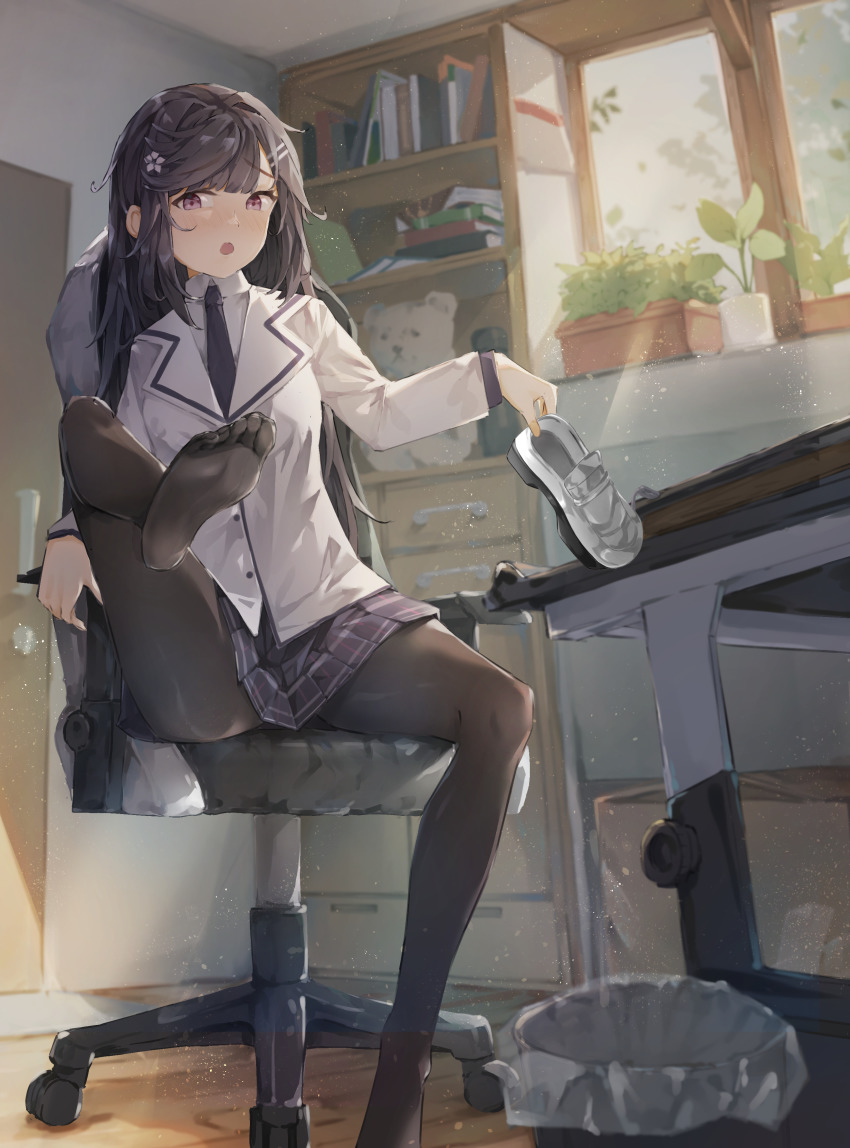 1girl, absurdres, black_hair, blush, chair, feet, highres, holding, holding_shoes, holding_unworn_clothes, kage_no_jitsuryokusha_ni_naritakute!, loafers, long_hair, looking_at_viewer, nishino_akane, office_chair, open_mouth, pantyhose, purple_eyes, shoes, single_shoe, sitting, soles, swivel_chair, toes, unworn_shoes