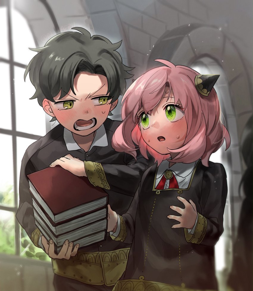 1boy, 1girl, 62kaeru, anya_(spy_x_family), black_hair, blush, book, child, damian_desmond, eden_academy_school_uniform, green_eyes, hairpods, highres, holding, holding_book, long_sleeves, medium_hair, open_mouth, parted_bangs, pink_hair, school_uniform, spy_x_family, sweatdrop, yellow_eyes