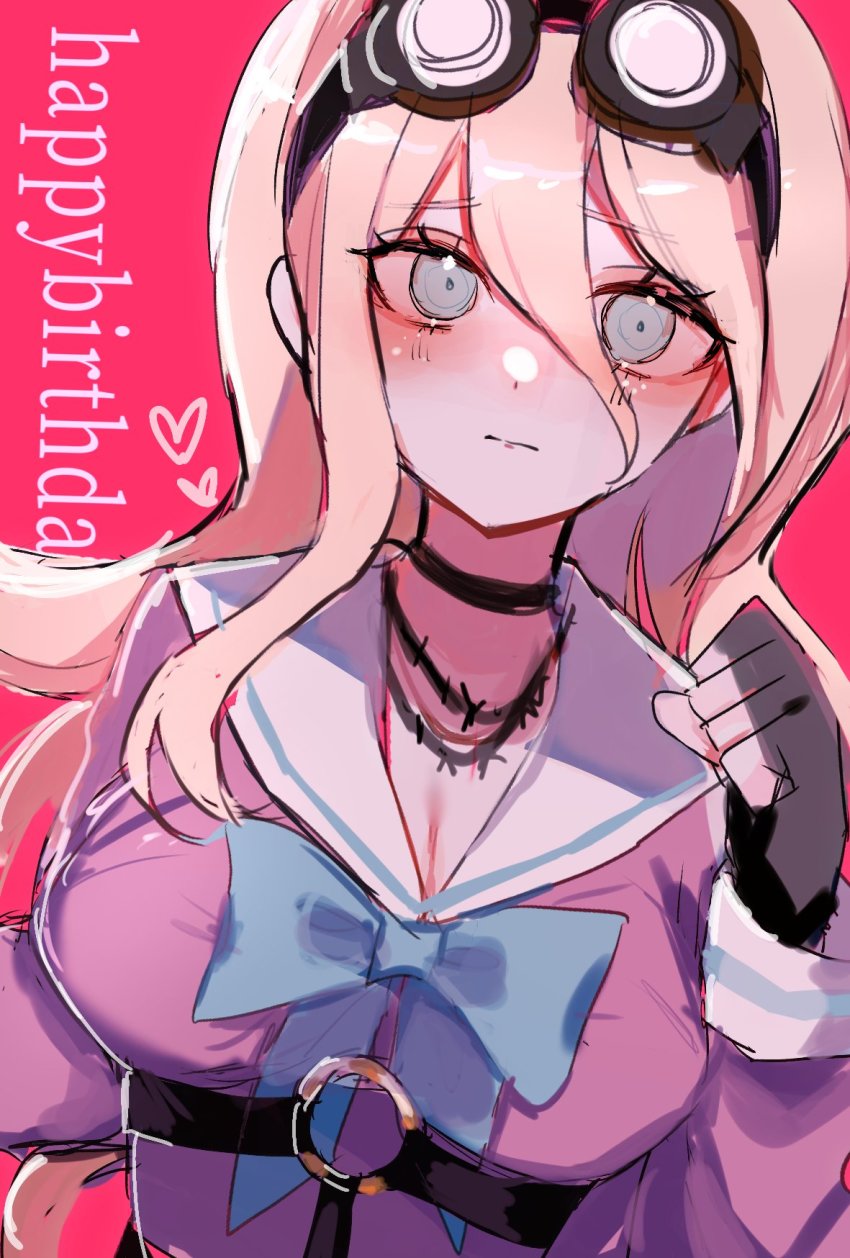 1girl, barbed_wire, black_choker, blonde_hair, breasts, choker, cleavage, clenched_hand, closed_mouth, danganronpa_(series), danganronpa_v3:_killing_harmony, goggles, goggles_on_head, grey_eyes, grey_sailor_collar, hair_between_eyes, hand_up, happy_birthday, heart, highres, iruma_miu, kaeru_no_ko, large_breasts, long_hair, o-ring, pink_background, pink_shirt, sailor_collar, shirt, solo, upper_body