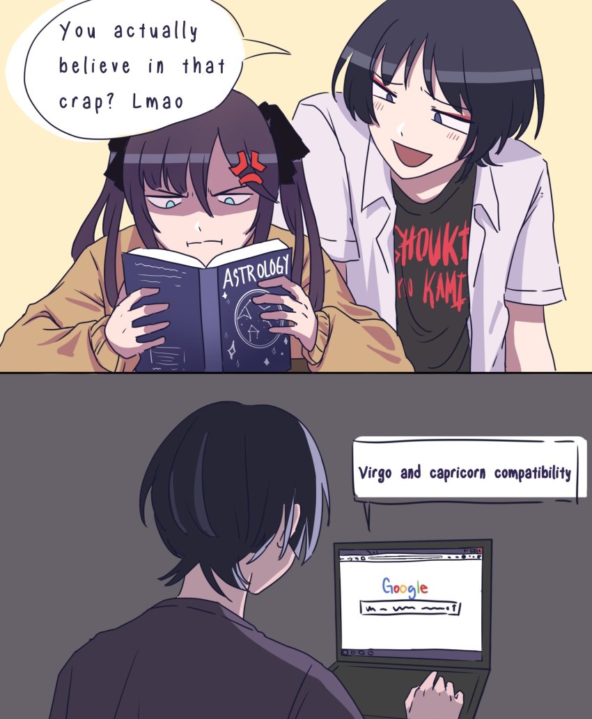 1boy, 1girl, alternate_costume, anger_vein, angry, asymmetrical_bangs, back, black_bow