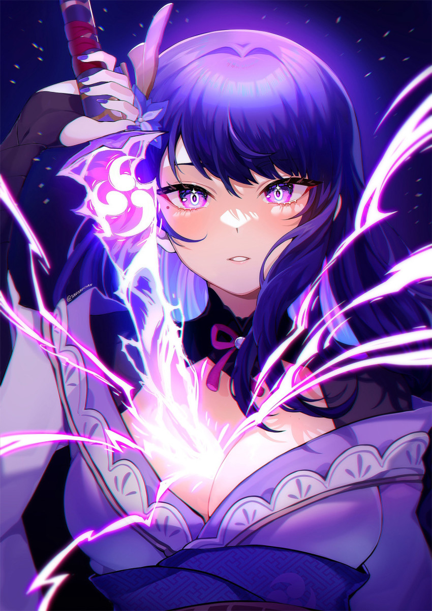 1girl, black_gloves, breasts, bridal_gauntlets, bright_pupils, choker, cleavage, drawing_sword