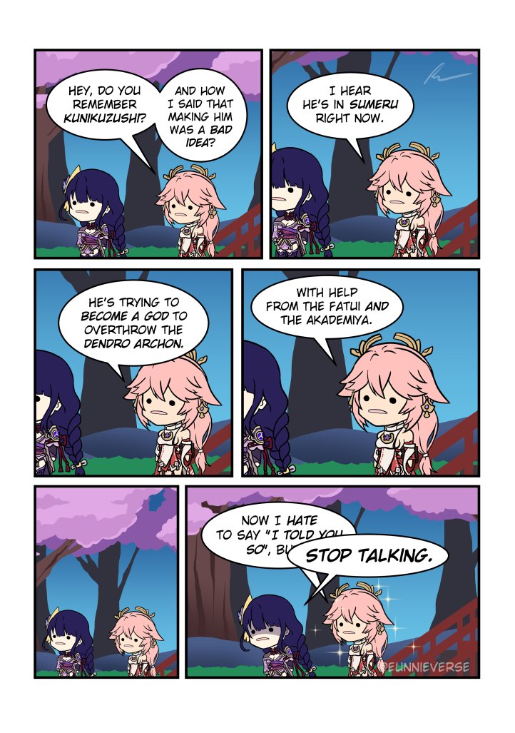 2girls, animal_ears, braid, english_text, eunnieverse, fox_ears, genshin_impact, multiple_girls