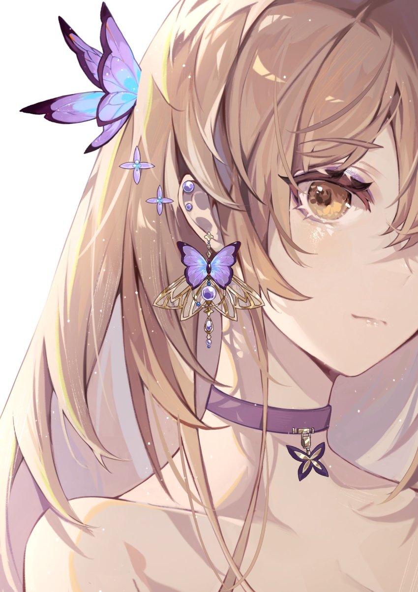 1girl, alchemy_stars, areia_(alchemy_stars), areia_(night_to_remember)_(alchemy_stars), bare_shoulders, breasts, brown_hair, butterfly_earrings, butterfly_hair_ornament, choker, cleavage, closed_mouth, collarbone, ear_piercing, earrings, hair_ornament, highres, jewelry, jyisheng, lips, long_hair, medium_breasts, piercing, portrait, sidelocks, smile, solo, white_background, yellow_eyes