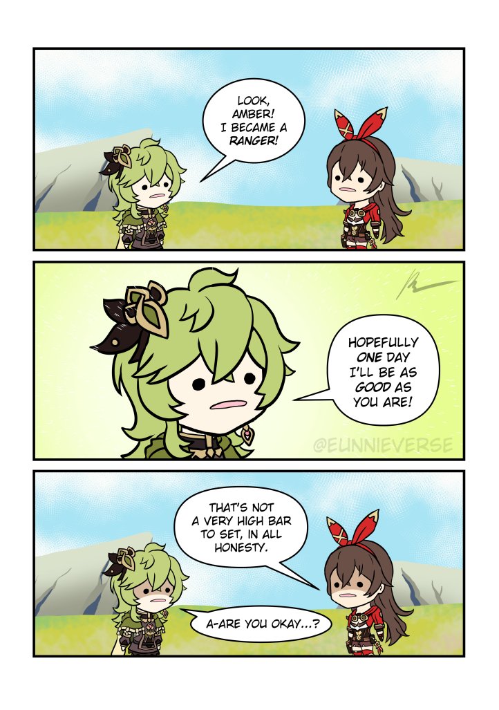 2girls, amber_(genshin_impact), black_bow, bow, brown_hair, capelet, collei_(genshin_impact), dress