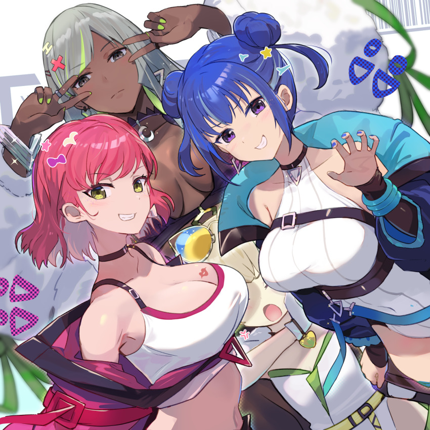 4girls, anger_vein, bare_shoulders, black_choker, black_dress, black_sleeves, blonde_hair, blue_coat, blue_hair, blue_nails, bracelet, breasts, chest_belt, choker, cleavage, closed_mouth, coat, collarbone, colored_inner_hair, commentary, cowboy_shot, crescent_choker, crop_top, dark-skinned_female, dark_skin, detached_sleeves, diagonal_bangs, double_bun, double_v, dress, duel_monster, earrings, evil_twin's_trouble_sunny, evil_twin_ki-sikil, evil_twin_ki-sikil_(alternate_art), evil_twin_lil-la, evil_twin_lil-la_(alternate_art), eyewear_on_head, fur-trimmed_jacket, fur_jacket, fur_trim, glint, gloves, green_eyes, green_hair, green_nails, grey_eyes, grey_hair, grin, hair_between_eyes, hair_bun, hair_ornament, hairclip, hand_up, highres, hsin, jacket, jewelry, ki-sikil_(yu-gi-oh!), large_breasts, leotard, lil-la_(yu-gi-oh!), lipstick_mark, lipstick_mark_on_breast, long_hair, looking_at_viewer, luna_(dm)_(yu-gi-oh!), midriff, multicolored_hair, multiple_girls, nail_polish, navel, off_shoulder, official_alternate_costume, ojou-sama_pose, open_mouth, pink_coat, pink_hair, purple_eyes, revision, ribbed_leotard, ring, short_hair, sidelocks, sleeveless, sleeveless_dress, smile, standing, strapless, strapless_dress, sunglasses, sunny_(yu-gi-oh!), untranslatable_commentary, tank_top, teeth, v, v_over_eye, white_dress, white_gloves, white_leotard, white_tank_top, yu-gi-oh!