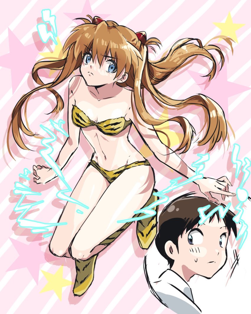 1boy, 1girl, animal_print, blue_eyes, breasts, brown_hair, cleavage, cosplay