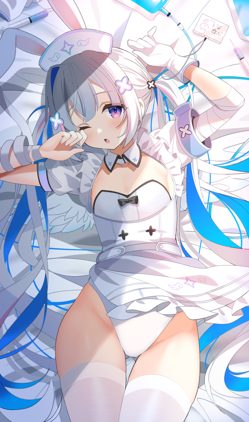 amane_kanata, amane_kanata_(nurse), angel_wings, animal_ears, asymmetrical_hair, bandages, belt, blue_hair