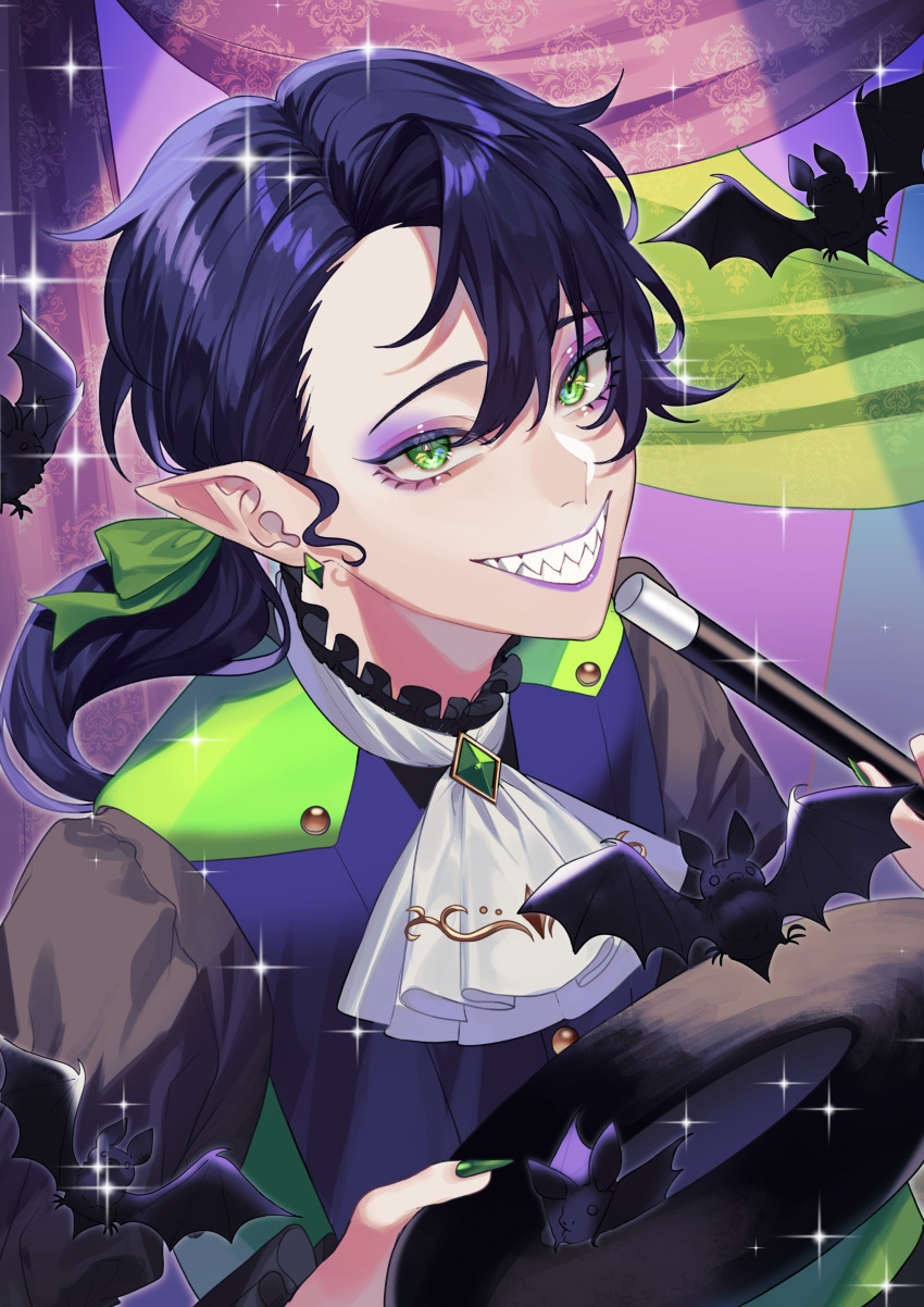 1boy, absurdres, amazaki_umu, ascot, asymmetrical_bangs, bat_(animal), black_hair, black_hat, brooch, curtains, diamond_earrings, earrings, eyeshadow, fingernails, frilled_shirt_collar, frills, from_hat_trick, gem, green_eyes, green_gem, green_nails, grey_shirt, grin, hair_between_eyes, hat, highres, holding, holding_unworn_clothes, holding_unworn_hat, holding_wand, jewelry, long_hair, looking_at_viewer, low_ponytail, magician, makeup, male_focus, nail_polish, original, pointy_ears, ponytail, purple_eyeshadow, purple_lips, purple_vest, sharp_fingernails, sharp_teeth, shirt, smile, solo, sparkle, stage_lights, teeth, top_hat, unworn_hat, unworn_headwear, upper_body, vest, wand, white_ascot