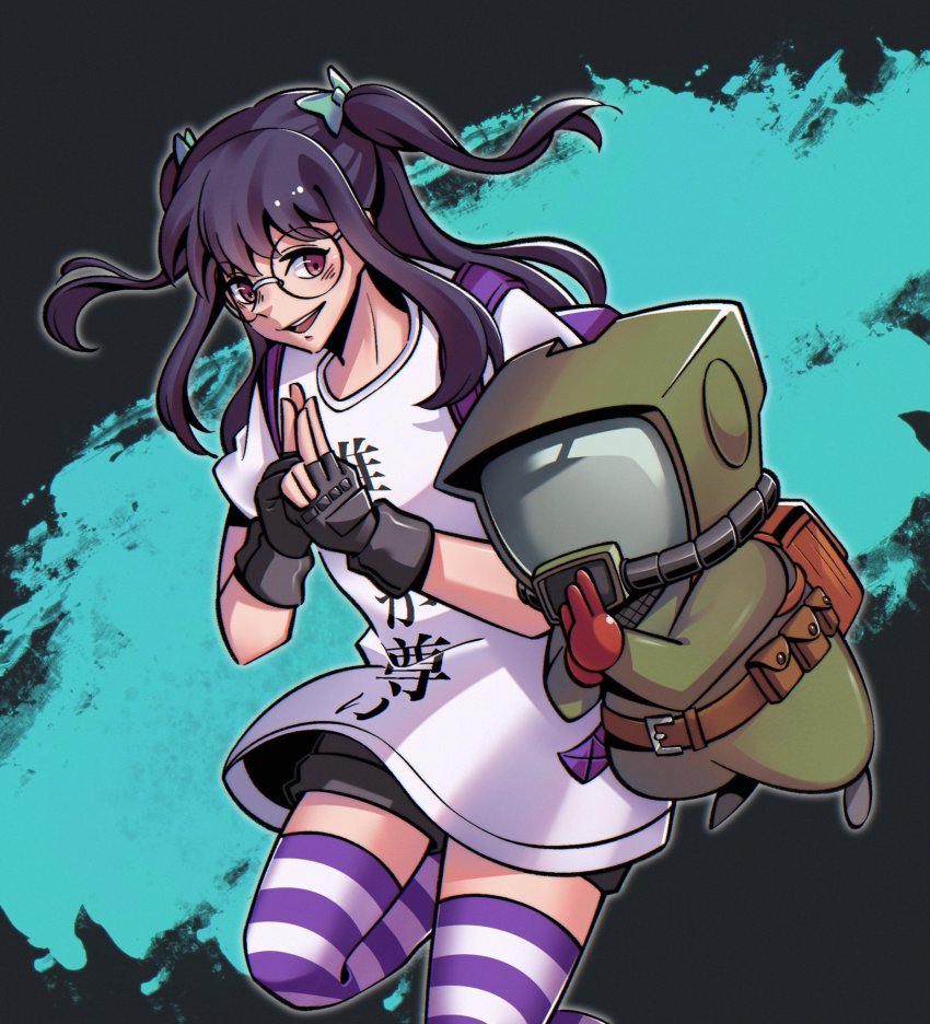 1girl, bike_shorts, black_gloves, clothes_writing, digimon, fingerless_gloves, glasses, gloves