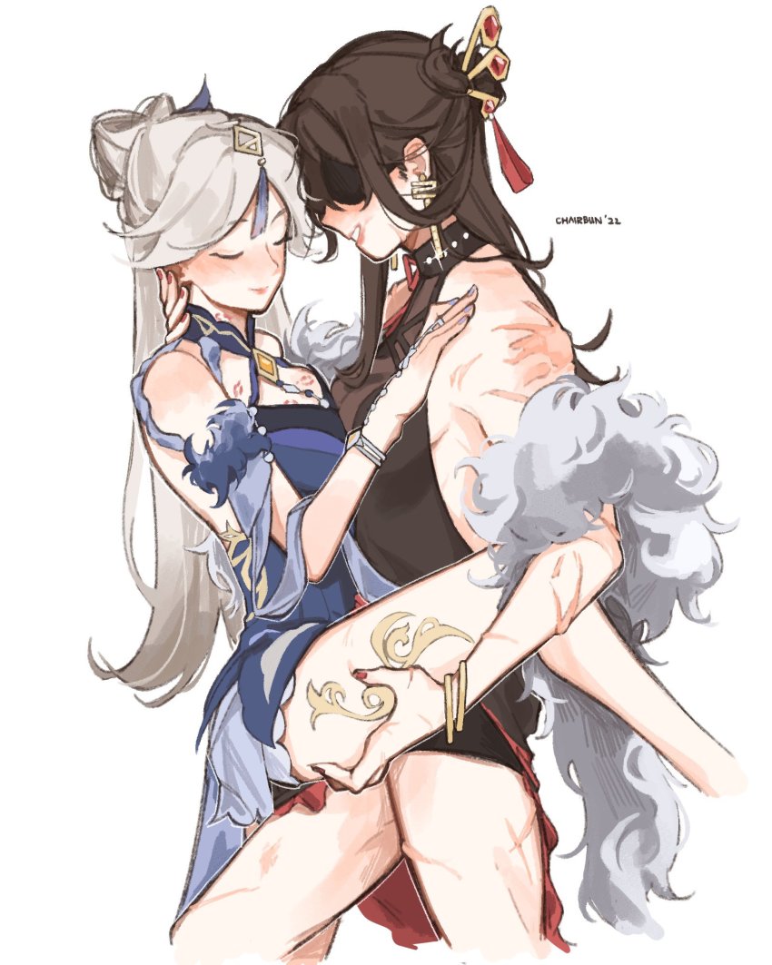 2girls, battle_scarred, beidou_(cadillac)_(genshin_impact), beidou_(genshin_impact), blush, brown_hair, chair_bun, closed_eyes, closed_mouth, eyepatch, genshin_impact, hair_ornament, highres, leg_lift, lipstick_mark, lipstick_mark_on_breast, lipstick_mark_on_neck, long_hair, multiple_girls, ningguang_(genshin_impact), ningguang_(orchid's_evening_gown)_(genshin_impact), parted_lips, scar, scar_on_arm, scar_on_leg, scar_on_shoulder, scar_on_thigh, tattoo, leg_tattoo, yuri
