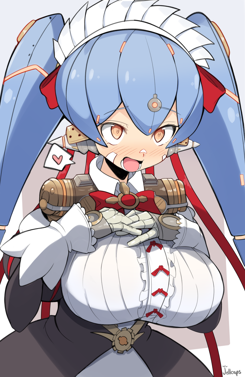 1girl, android, apron, blue_hair, breasts, highres, jellcaps, joints, large_breasts, maid, maid_apron, maid_headdress, poppi_(xenoblade), poppi_qt_(xenoblade), robot, robot_ears, robot_joints, solo, xenoblade_chronicles_(series), xenoblade_chronicles_2