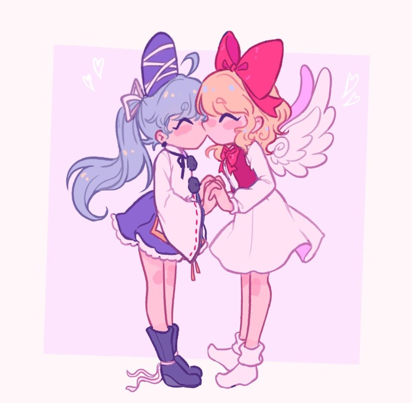 2girls, angel_wings, blonde_hair, blue_footwear, blue_ribbon, blue_skirt, blush, closed_eyes