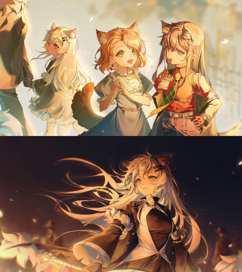 4girls, :d, absurdres, animal_ear_fluff, animal_ears, arknights, black_gloves, black_jacket