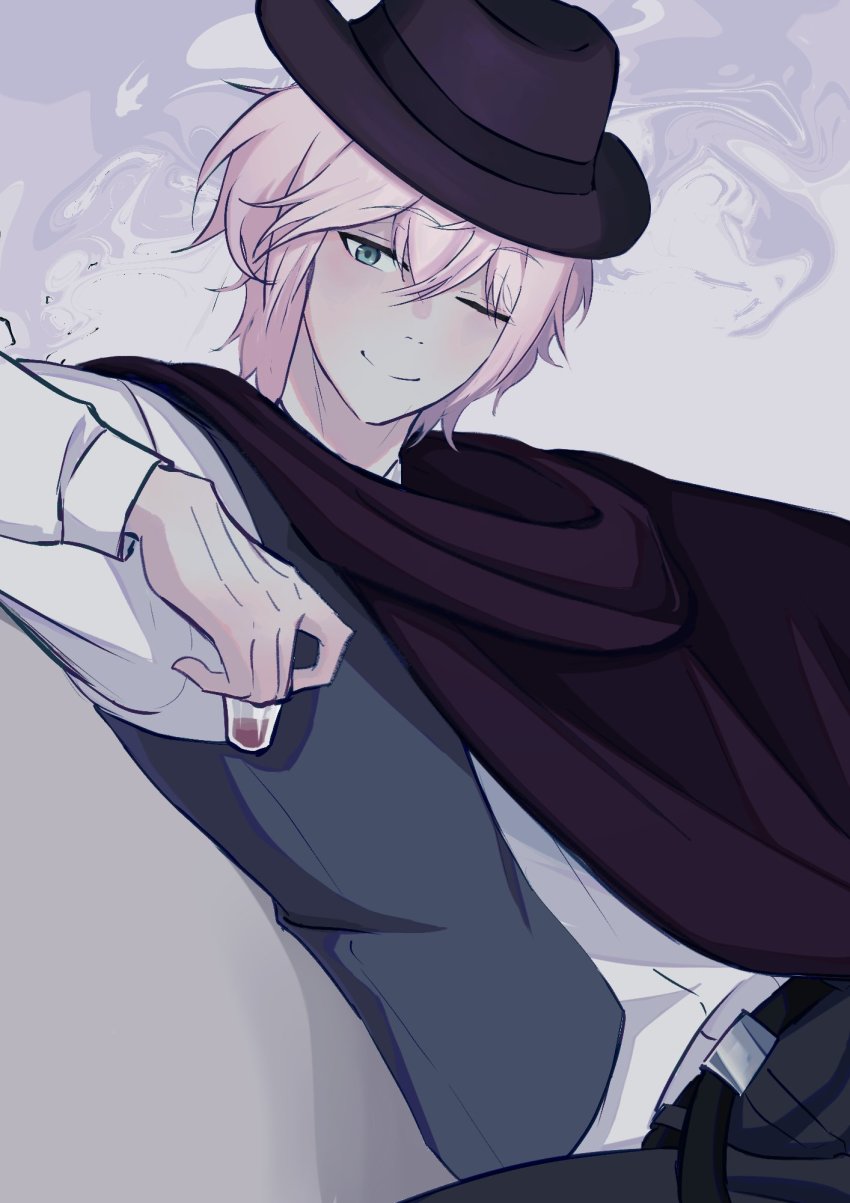 1boy, ;), alternate_costume, belt, black_belt, black_pants, cloak, commentary