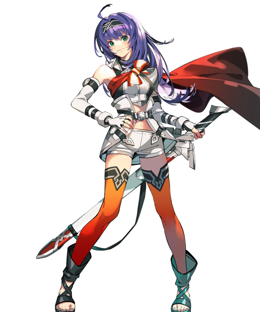 1girl, ahoge, alternate_costume, bare_shoulders, breasts, capelet, fingerless_gloves, fire_emblem, fire_emblem:_path_of_radiance, fire_emblem:_radiant_dawn, fire_emblem_heroes, full_body, gloves, hair_ornament, hairband, hand_on_own_hip, highres, long_hair, medium_breasts, mia_(fire_emblem), mia_(resplendent)_(fire_emblem), nintendo, non-web_source, official_art, short_shorts, shorts, simple_background, solo, sword, tank_top, taroji, thighhighs, toeless_footwear, toeless_legwear, toes, transparent_background, weapon
