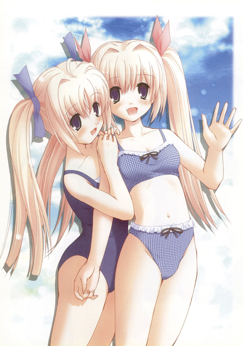 2girls, ahoge, bikini, blonde_hair, blue_bikini, blue_eyes, blue_one-piece_swimsuit, blush