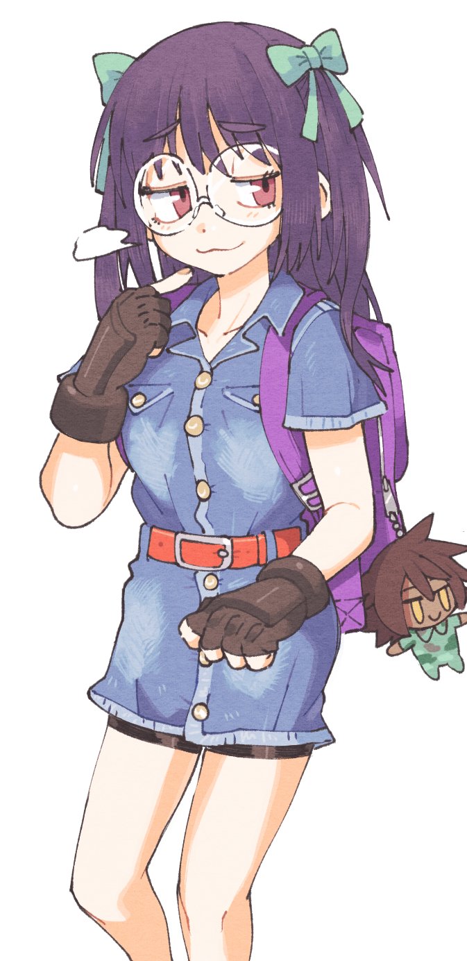 1girl, backpack, bag, belt, bike_shorts, black_gloves, blush, closed_mouth