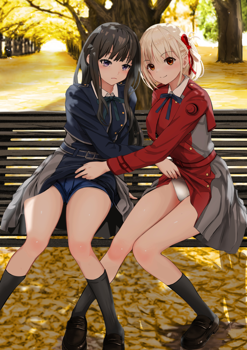2girls, absurdres, assisted_exposure, bench, black_hair, black_socks, blonde_hair, boxers, breasts, clogs, clothes_lift, dress, dress_lift, gibun_(sozoshu), hair_ribbon, highres, inoue_takina, lifting_another's_clothes, long_hair, lycoris_recoil, lycoris_uniform, male_underwear, md5_mismatch, medium_breasts, multiple_girls, neck_ribbon, nishikigi_chisato, panties, park_bench, presenting_another, purple_eyes, red_eyes, resolution_mismatch, ribbon, short_hair, sitting, smile, socks, source_larger, thighs, tree, two-tone_dress, underwear, white_panties, yellow_leaves, yuri