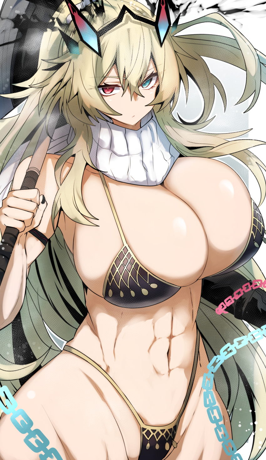 1girl, abs, asymmetrical_dual_wielding, axe, bare_shoulders, barghest_(fate), barghest_(ice_warrior)_(fate), battle_axe