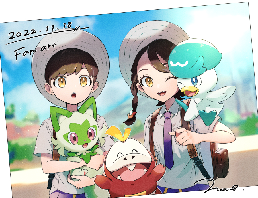 1boy, 1girl, ;d, backpack, bag, braid, brown_bag, commentary_request, dated, eyelashes, florian_(pokemon), fuecoco, grey_headwear, hat, holding, holding_pokemon, juliana_(pokemon), nao_(naaa_195), necktie, nintendo, on_shoulder, one_eye_closed, open_mouth, pokemon, pokemon_(creature), pokemon_on_shoulder, pokemon_scarlet_and_violet, purple_necktie, purple_shorts, quaxly, shirt, short_sleeves, shorts, smile, sprigatito, starter_pokemon_trio, teeth, tongue