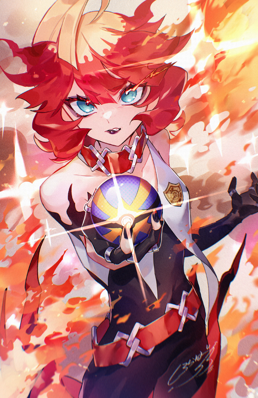 1girl, absurdres, belt, black_nails, blonde_hair, bodysuit, clenched_teeth, collar, collarbone, commentary_request, eye_trail, fire, flaming_eyes, gloves, green_eyes, highres, holding, holding_poke_ball, light_trail, logo, looking_at_viewer, mela_(pokemon), multicolored_hair, nail_polish, nintendo, parted_lips, poke_ball, pokemon, pokemon_scarlet_and_violet, quick_ball, red_belt, red_collar, red_hair, shiroraba, solo, team_star, teeth, two-tone_hair