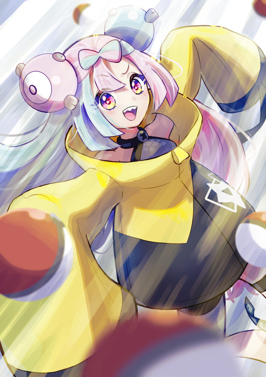 1girl, black_shorts, blurry, character_hair_ornament, commentary_request, eyelashes, grey_shirt, hair_ornament, highres, iono_(pokemon), jacket, kanon_(ta_sakurairo), long_hair, multicolored_hair, nintendo, open_mouth, outstretched_arms, poke_ball, poke_ball_(basic), pokemon, pokemon_scarlet_and_violet, purple_eyes, sharp_teeth, shirt, shorts, sleeveless, sleeveless_shirt, solo, teeth, tongue, two-tone_hair, upper_teeth_only, yellow_jacket