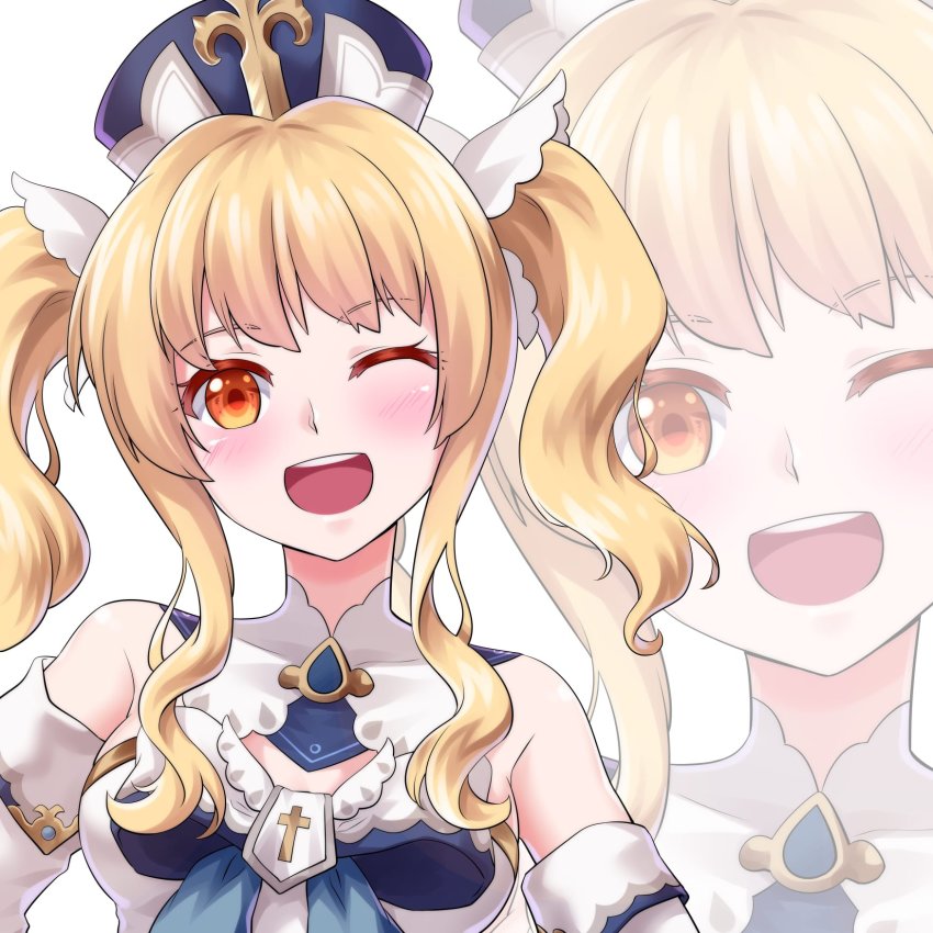 1girl, barbara_(genshin_impact), barbara_(genshin_impact)_(cosplay), bare_shoulders, blonde_hair, blush, breasts, closed_eyes, cosplay, detached_sleeves, dress, drill_hair, genshin_impact, hair_ornament, hat, highres, kateil_(lusan666), long_hair, lusan666, medium_breasts, one_eye_closed, open_mouth, orange_eyes, original, smile, twin_drills, twintails, white_dress