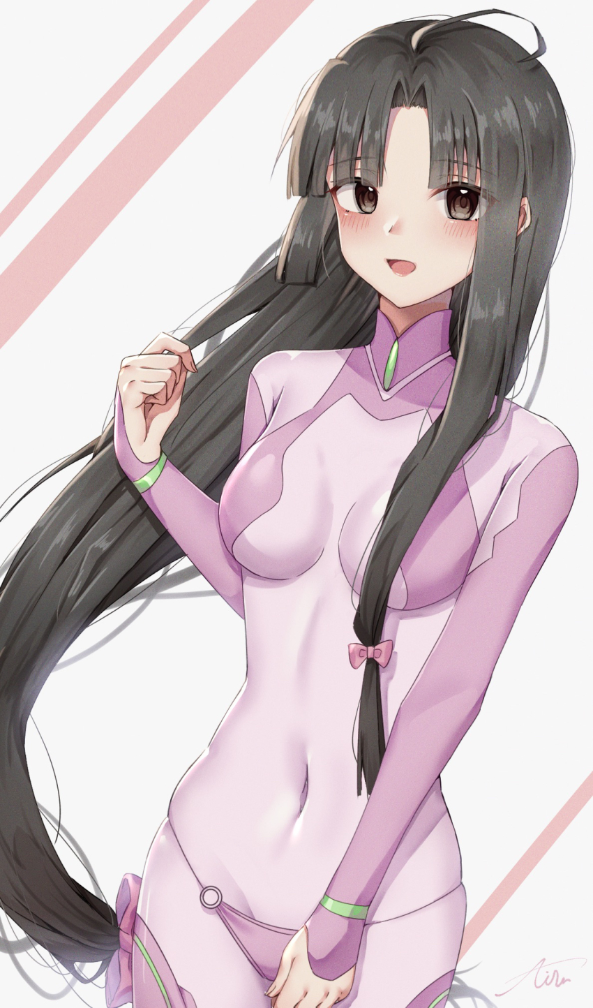 1girl, ahoge, black_hair, blush, brown_eyes, commission, costume_request, covered_navel