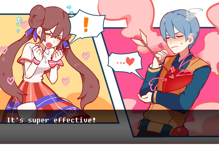 !, 1boy, 1girl, ace_trainer_(male)_(pokemon_bw), ace_trainer_(pokemon), blush, brown_hair, buttons