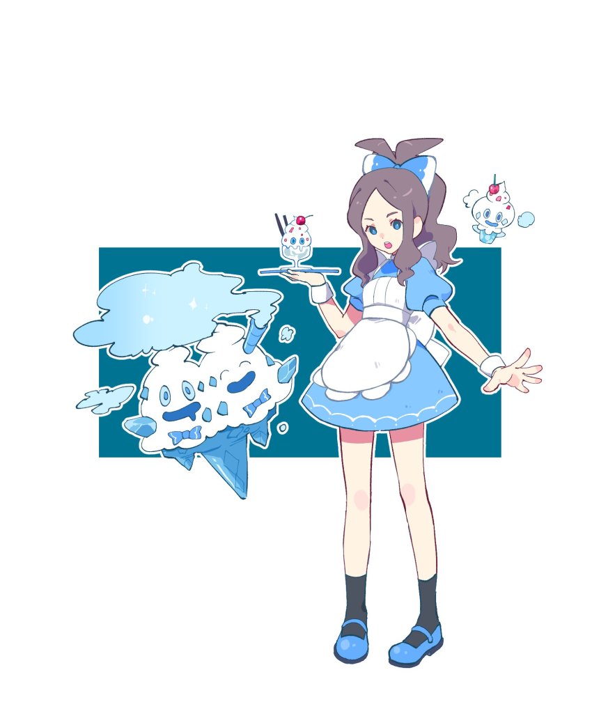 1girl, :o, alternate_costume, apron, black_socks, blue_dress, blue_eyes, blue_footwear