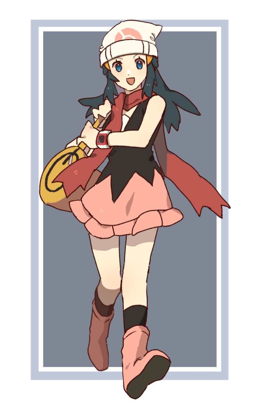 1girl, :d, bag, beanie, black_hair, black_shirt, black_socks, blue_eyes, boots, commentary_request, dawn_(pokemon), duffel_bag, eyelashes, full_body, hair_ornament, hairclip, hat, highres, hogeol_pk, long_hair, nintendo, open_mouth, pink_boots, pink_skirt, poke_ball_print, pokemon, pokemon_diamond/pearl/platinum, poketch, red_scarf, scarf, shirt, skirt, sleeveless, sleeveless_shirt, smile, socks, watch, white_headwear, wristwatch, yellow_bag