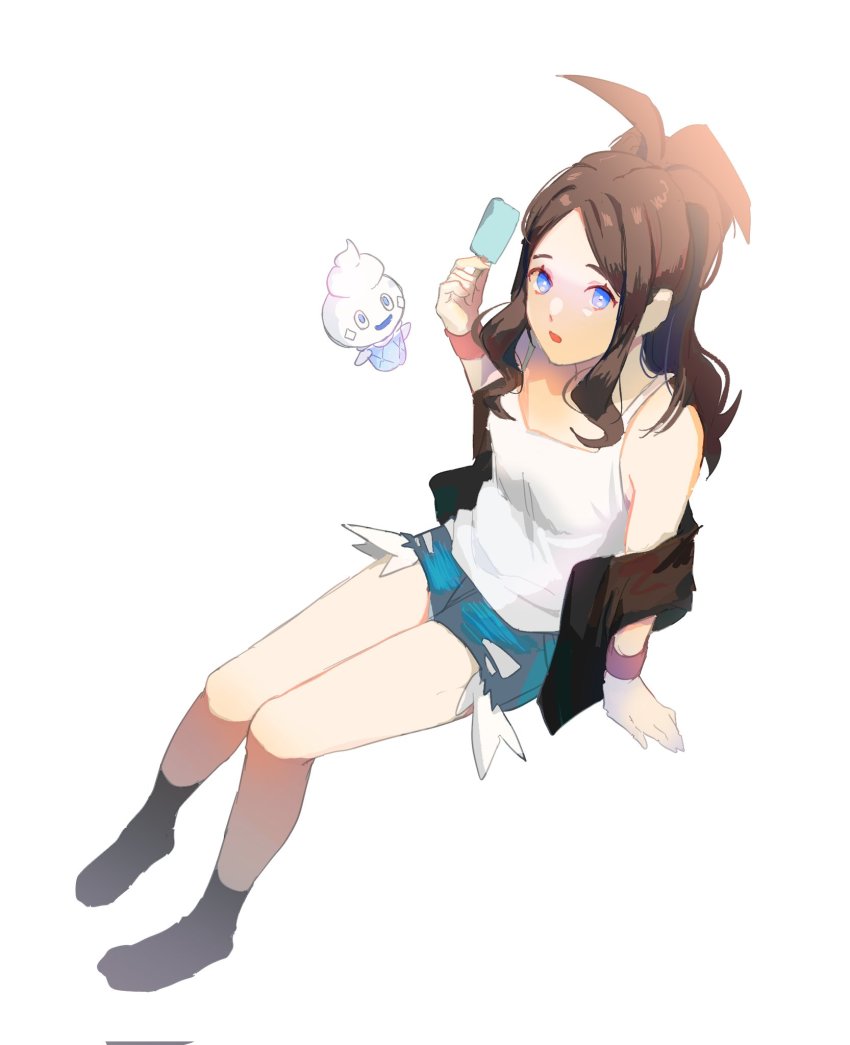 1girl, ahoge, arm_support, blue_eyes, blue_shorts, brown_hair, commentary_request, food, from_above, gen_5_pokemon, highres, hilda_(pokemon), hogeol_pk, holding, invisible_chair, long_hair, looking_at_viewer, nintendo, no_shoes, off_shoulder, pokemon, pokemon_(creature), pokemon_black_and_white, popsicle, shirt, short_shorts, shorts, sidelocks, sitting, sleeveless, sleeveless_shirt, socks, tank_top, vanillite, vest, white_shirt