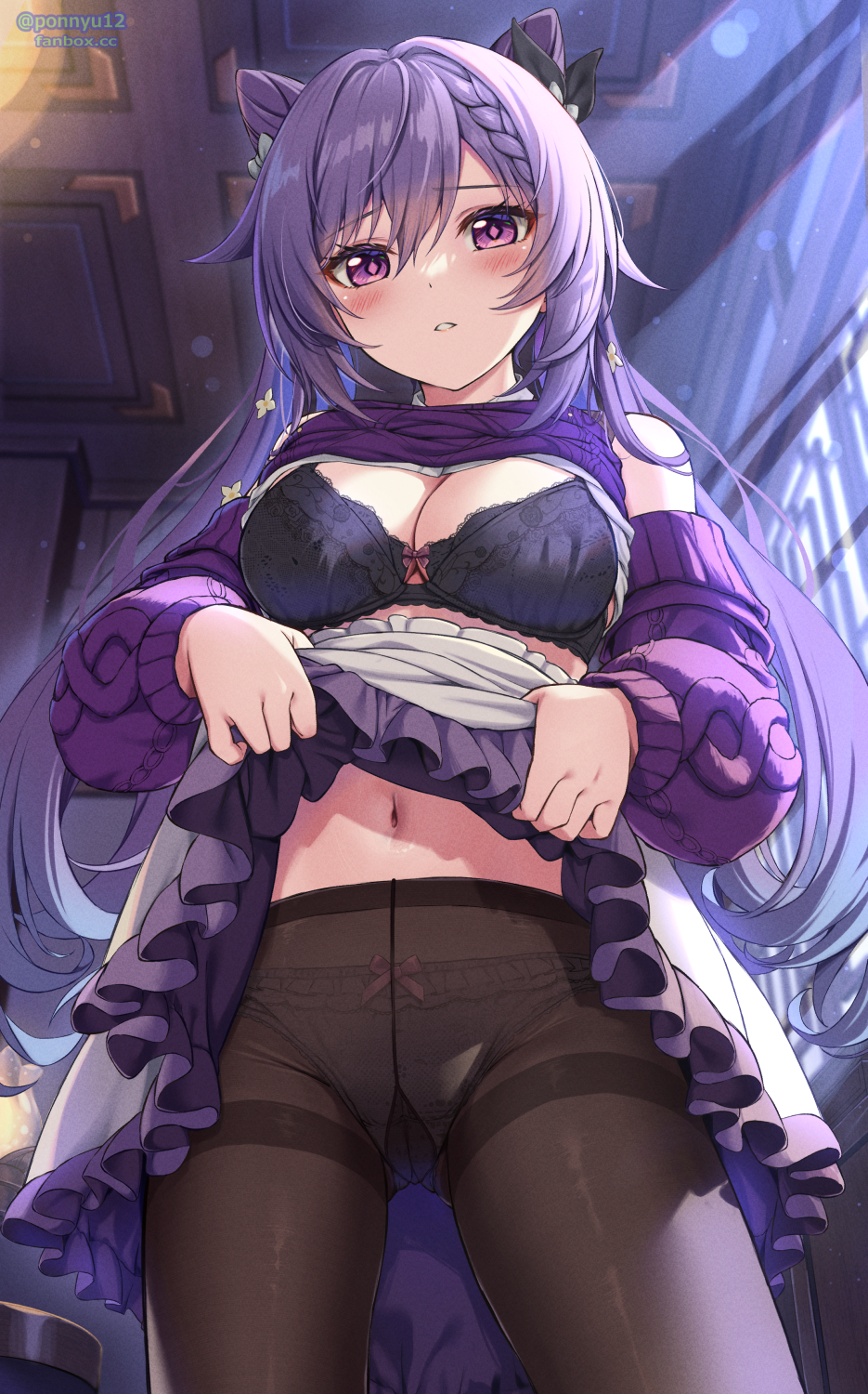 1girl, alternate_costume, bare_shoulders, black_bra, black_ribbon, blush, bow, bow_bra, bow_panties, bra, braid, breasts, brown_pantyhose, cardigan, cleavage, clothes_lift, commentary_request, cone_hair_bun, cowboy_shot, crotch, crotch_seam, double_bun, frilled_panties, frilled_skirt, frills, from_below, genshin_impact, gluteal_fold, hair_between_eyes, hair_bun, hair_ribbon, highres, indoors, keqing_(genshin_impact), keqing_(lantern_rite)_(genshin_impact), lace, lace-trimmed_bra, lace_trim, lifting_own_clothes, long_hair, long_sleeves, looking_at_viewer, medium_breasts, moonlight, navel, off_shoulder, open_cardigan, open_clothes, paid_reward_available, panties, panties_under_pantyhose, pantyhose, parted_lips, ponnyu12, purple_sweater, raised_eyebrows, ribbon, shirt, shirt_lift, sidelighting, sidelocks, skirt, skirt_lift, sleeveless, sleeveless_shirt, solo, standing, stomach, sweater, thighband_pantyhose, thighs, twitter_username, two-tone_skirt, underwear, watermark, web_address, white_panties, white_skirt, window