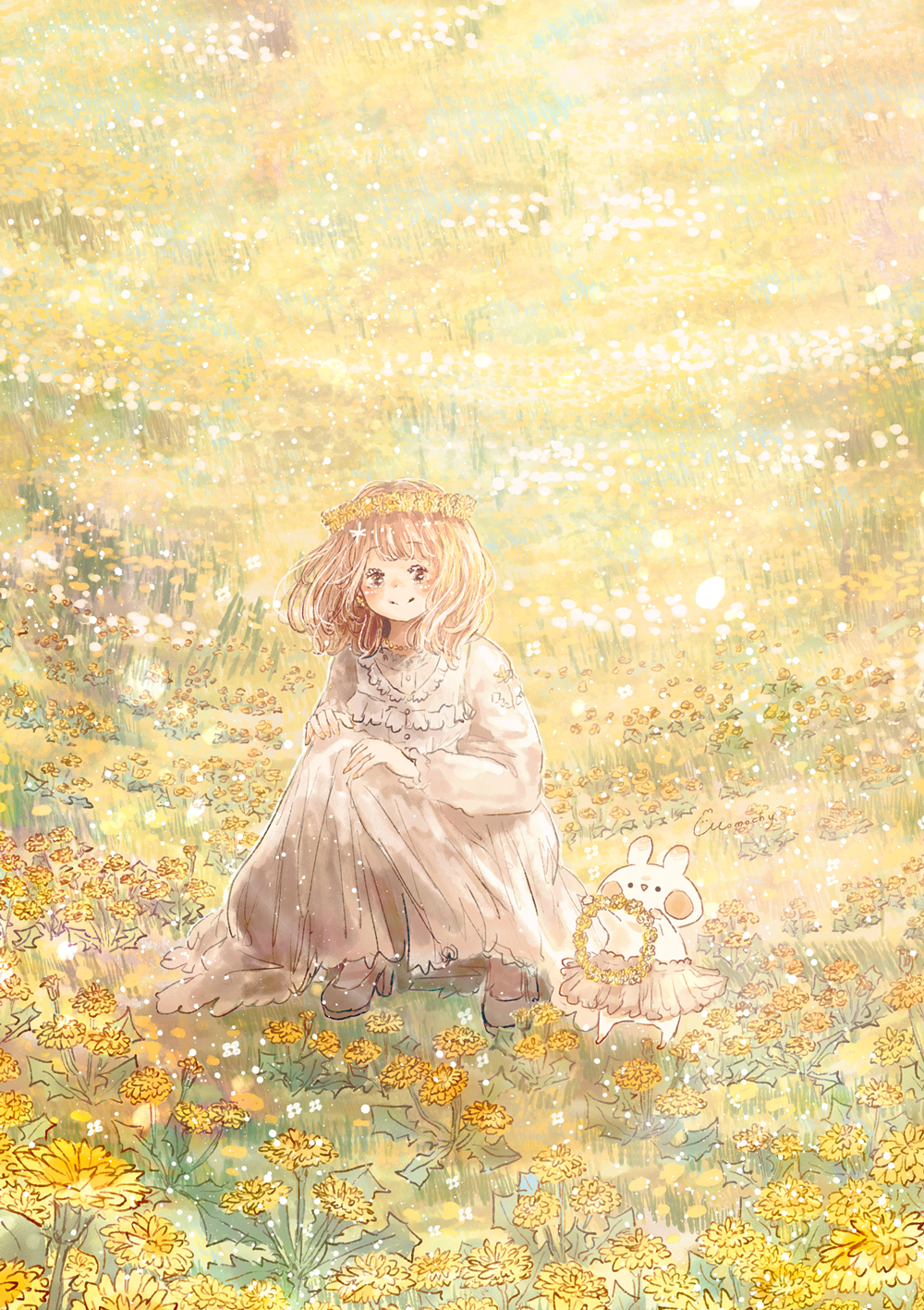 1girl, blush, brown_hair, collared_dress, dandelion, day, dress, field