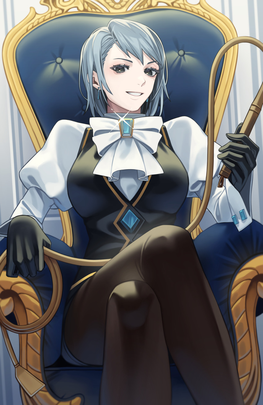 1girl, absurdres, ace_attorney, black_eyes, black_gloves, black_pantyhose, black_vest, bow