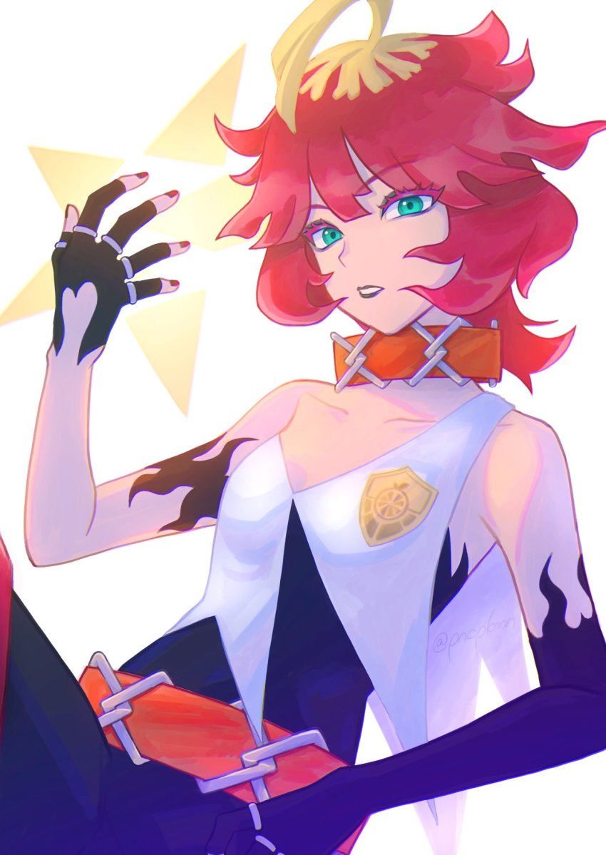 1girl, ahoge, belt, black_gloves, blonde_hair, collar, collarbone, commentary_request, elbow_gloves, eyelashes, fingerless_gloves, gloves, green_eyes, hand_up, highres, lipstick, logo, makeup, mela_(pokemon), multicolored_hair, nail_polish, nintendo, orange_belt, orange_collar, pokemon, pokemon_scarlet_and_violet, punico_(punico_poke), red_hair, red_nails, single_elbow_glove, solo, two-tone_hair