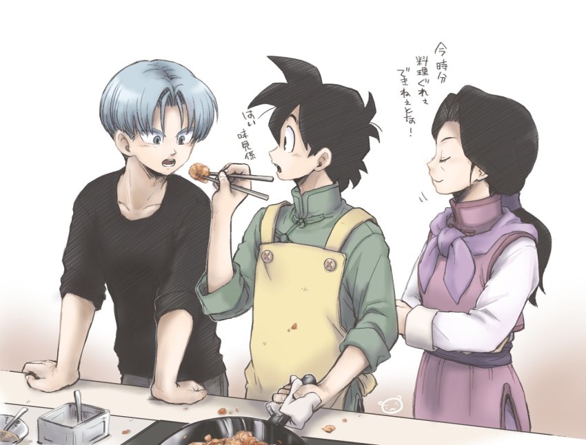 1girl, 2boys, apron, ayata-haikyu, black_eyes, black_hair, black_shirt, blue_eyes, blue_hair, chi-chi_(dragon_ball), chinese_clothes, chopsticks, commentary, commentary_request, cowboy_shot, dragon_ball, dragon_ball_super, dragon_ball_super_super_hero, feeding, food, frying_pan, highres, holding, holding_chopsticks, holding_frying_pan, long_sleeves, looking_at_another, looking_at_food, mother_and_child, mother_and_son, multiple_boys, open_mouth, parent_and_child, shirt, simple_background, smile, son_goten, spoon, teeth, translation_request, trunks_(dragon_ball), upper_teeth_only, white_background