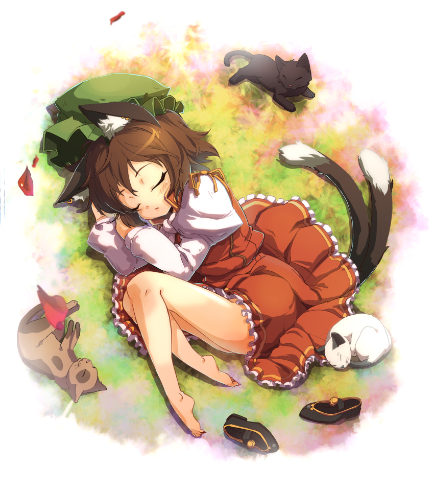 1girl, animal_ears, bad_id, bad_pixiv_id, bare_legs, barefoot, brown_hair, cat