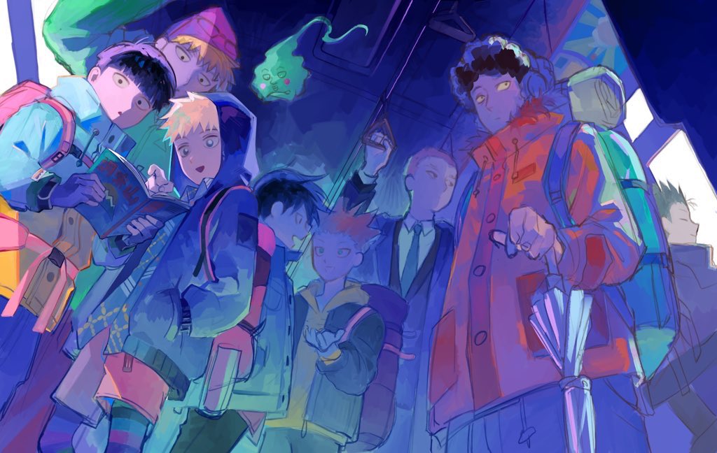 6+boys, backpack, bag, black_eyes, black_hair, blonde_hair, blunt_bangs, blush_stickers