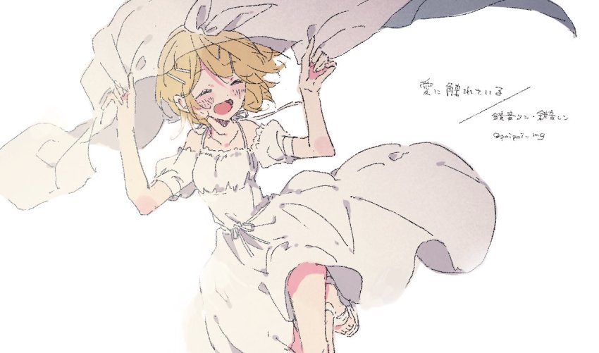 1girl, bare_shoulders, blonde_hair, blush, bow, breasts, closed_eyes, collarbone