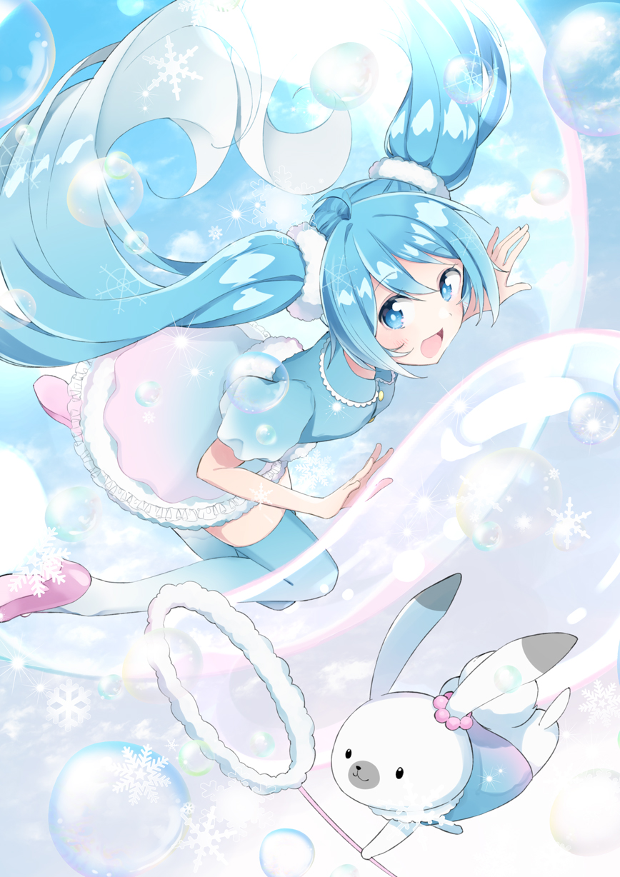 1girl, agonasubi, animal, aqua_eyes, aqua_hair, blue_dress, blue_thighhighs, borrowed_design