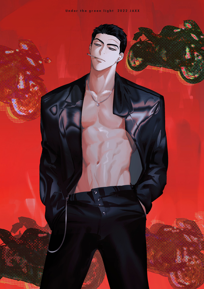 1boy, artist_name, black_hair, black_pants, blue_eyes, cigarette, copyright_name, jacket