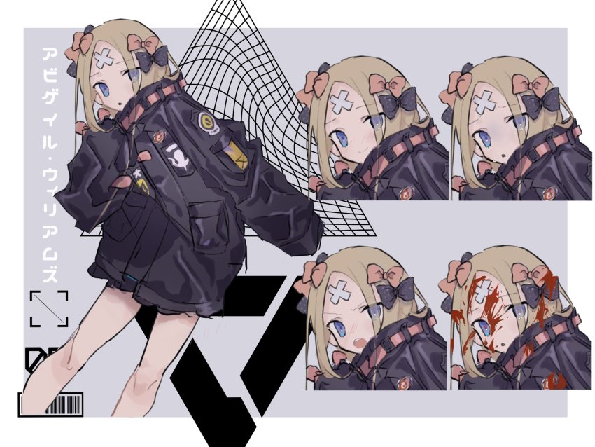 1girl, :o, abigail_williams_(fate), abigail_williams_(traveling_outfit)_(fate), barcode, belt, black_bow, black_jacket