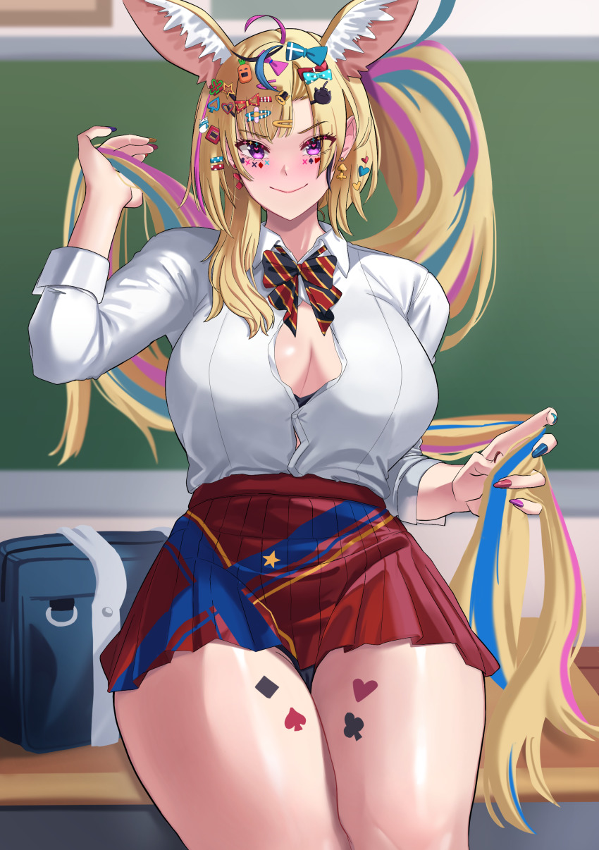 >:), 1girl, absurdres, animal_ears, antenna_hair, bag, black_panties, blonde_hair, blurry, blush, bow, bowtie, breasts, button_gap, chalkboard, cleavage, daifuku_(yukihana_lamy), depth_of_field, desk, facial_tattoo, fox_ears, fox_girl, gyaru, hair_ornament, hairclip, hands_in_own_hair, heart, heart-shaped_pupils, highres, hololive, kogal, large_breasts, leg_tattoo, long_hair, miniskirt, multicolored_hair, multicolored_nails, nail_polish, neige_(pixiv6850453), nekko_(momosuzu_nene), official_alternate_costume, omaru_polka, omaru_polka_(school_uniform), on_desk, panties, panty_peek, partially_unbuttoned, ponytail, purple_eyes, school_bag, shirt, sitting, skirt, smile, solo, ssrb_(shishiro_botan), streaked_hair, symbol-shaped_pupils, tattoo, thick_thighs, thighs, too_many_hair_ornaments, underwear, v-shaped_eyebrows, very_long_hair, virtual_youtuber, white_shirt, zain_(omaru_polka)