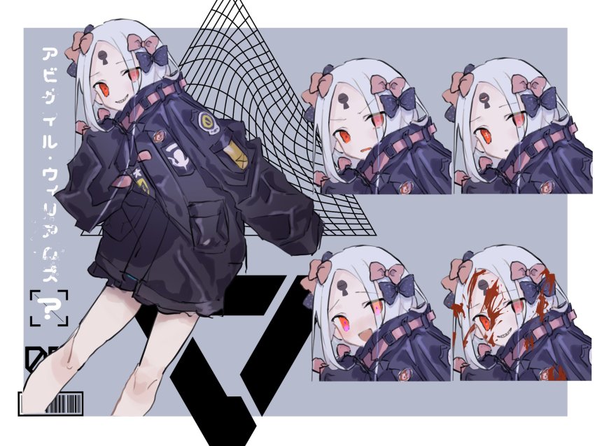 1girl, :d, :o, ?, abigail_williams_(fate), abigail_williams_(third_ascension)_(fate), abigail_williams_(traveling_outfit)_(fate), barcode, belt, black_bow, black_jacket, blood, blood_on_face, bow, character_name, cowboy_shot, cross-shaped_pupils, evil_grin, evil_smile, multiple_expressions, fate/grand_order, fate_(series), frown, glitch, grey_background, grin, hair_bow, hand_up, highres, jacket, keyhole, long_sleeves, looking_at_viewer, modotteku, multiple_hair_bows, open_mouth, orange_belt, orange_bow, parted_bangs, portrait, red_eyes, sleeves_past_fingers, sleeves_past_wrists, smile, symbol-shaped_pupils, white_hair