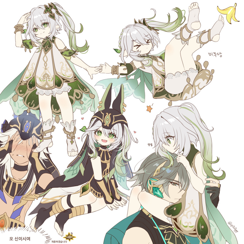 1girl, 2boys, :d, absurdres, akasha_terminal, alhaitham_(genshin_impact), animal_ears, arabian_clothes