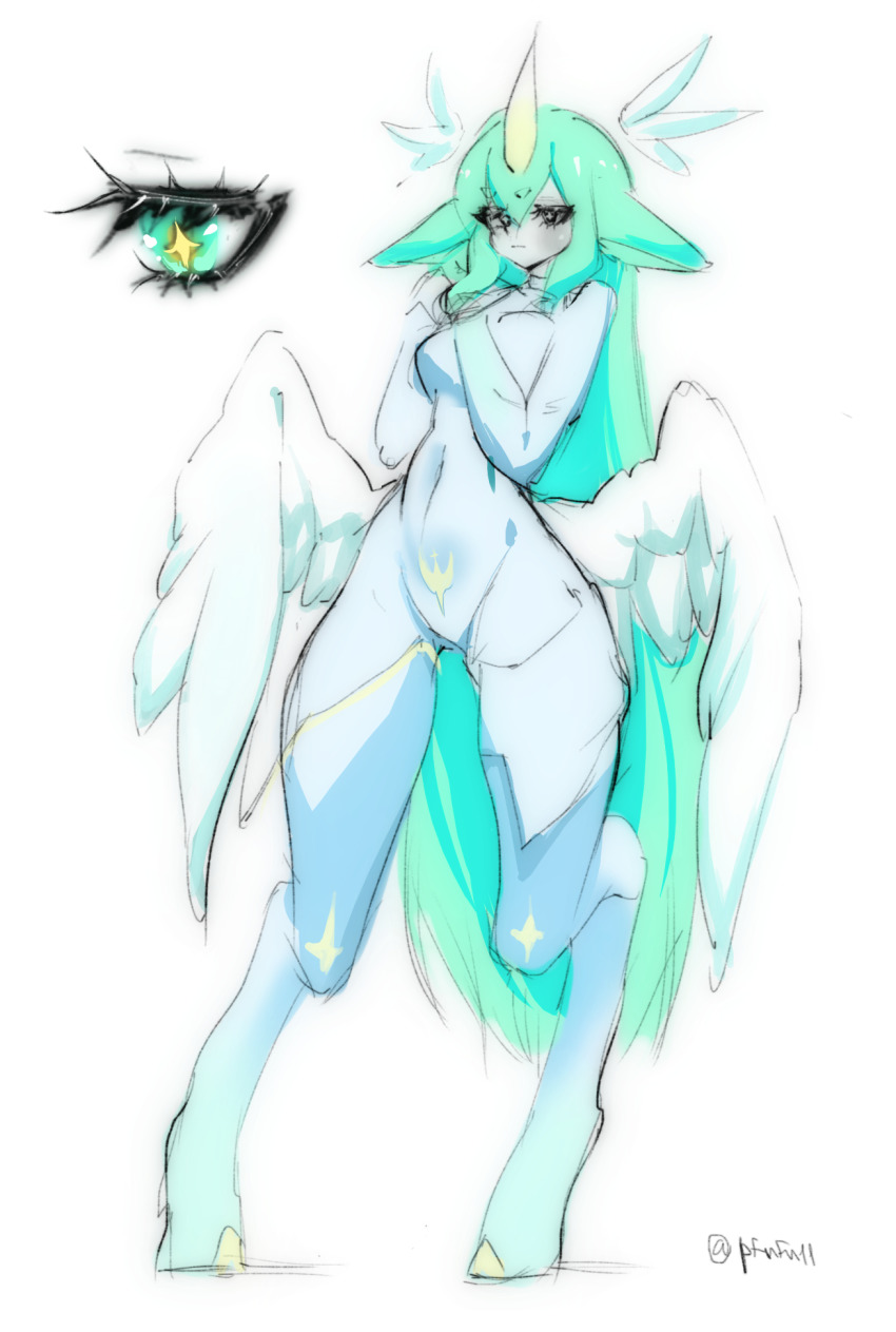 1girl, alternate_costume, alternate_hair_color, animal, animal_ears, artist_name, bodysuit, breasts, closed_mouth, eyelashes, feathered_wings, green_hair, hair_ornament, highres, hooves, horns, large_breasts, league_of_legends, long_hair, low_wings, navel, pfufu, pilot_suit, pointy_ears, shy, single_horn, sketch, solo, soraka_(league_of_legends), spread_wings, standing, star_guardian_(league_of_legends), star_guardian_soraka, straight_hair, unicorn_girl, white_background, white_wings, wide_hips, wings