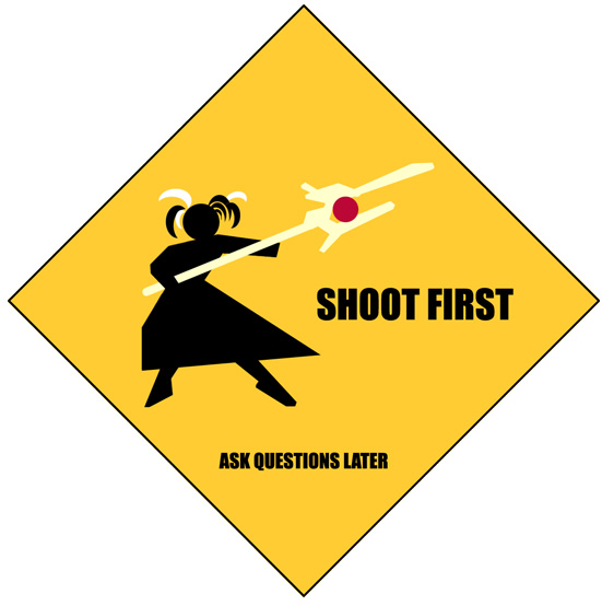 00s, 1girl, english_text, female_focus, image_macro_(meme), lyrical_nanoha, magical_girl, mahou_shoujo_lyrical_nanoha, meme, raising_heart, raising_heart_(buster_mode), sign, silhouette, solo, takamachi_nanoha, truth, twintails, warning_sign, white_devil