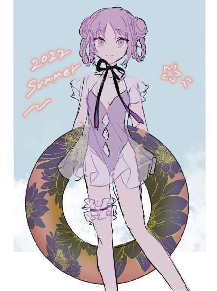 1girl, alternate_hairstyle, arms_behind_back, black_choker, braid, braided_bun, braided_hair_rings, choker, double_bun, fate/grand_order, fate_(series), feet_out_of_frame, floral_print, hair_bun, hair_rings, holding, holding_swim_ring, innertube, layered_swimsuit, modotteku, one-piece_swimsuit, purple_eyes, purple_hair, purple_one-piece_swimsuit, ribbon_choker, see-through_clothes, smile, star_(symbol), stheno_(fate), swim_ring, swimsuit, thigh_strap, white_background